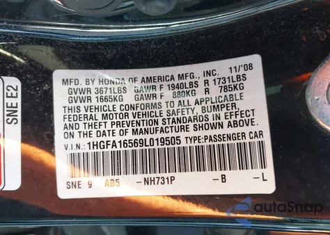 2009 Honda Civic Lx z USA, uszkodzony, nr VIN 1HGFA16569L019505